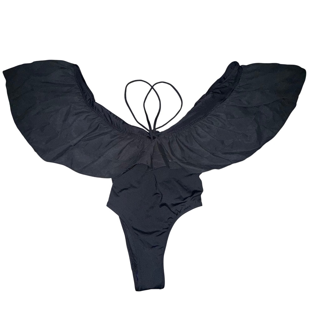 NWT. ZARA Black Ruffle One Piece‎ Deep V Neck Swimsuit Small - Picture 2 of 6